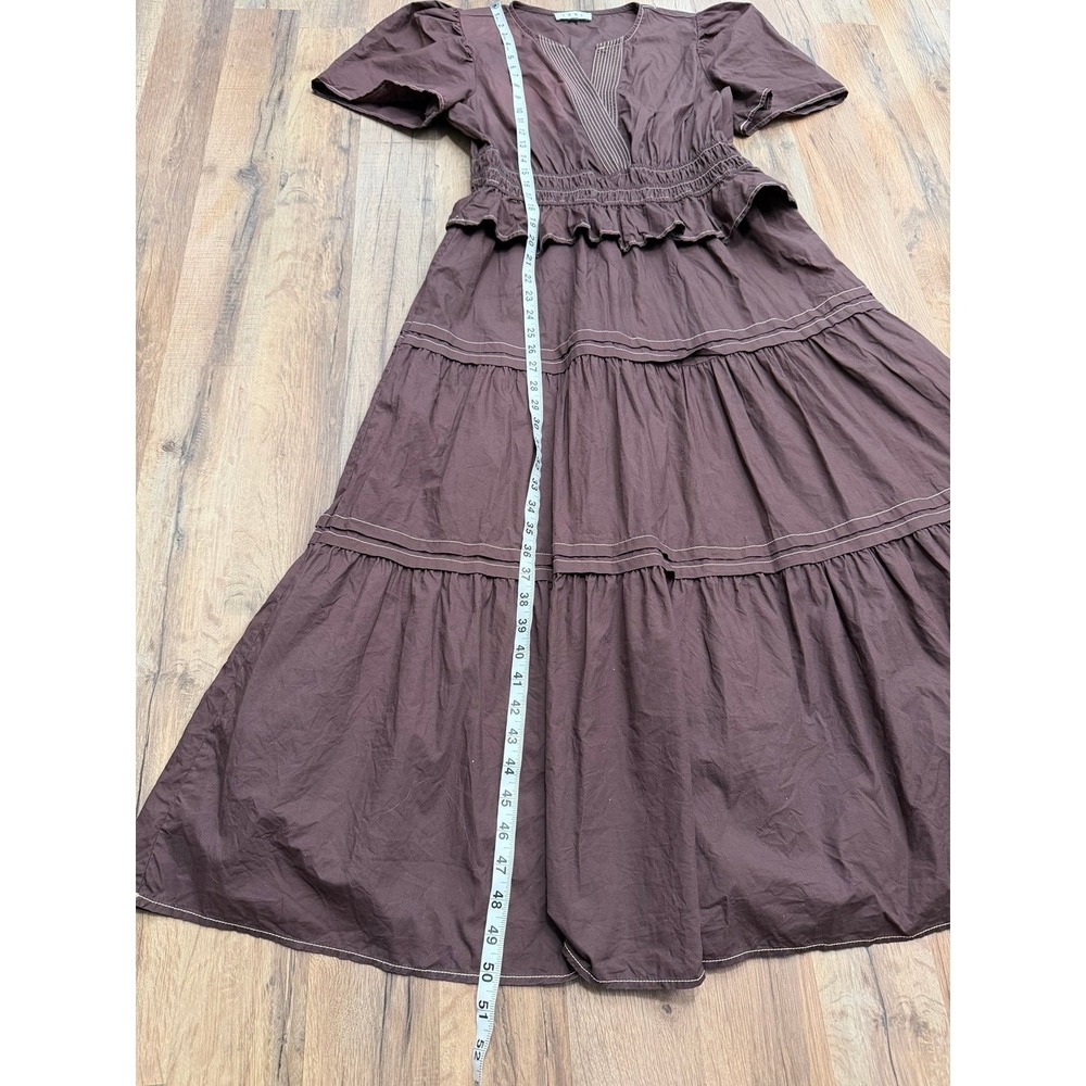THML Brown Cotton Tiered Midi Dress Puff Sleeve Smocked Waist Boho Size M - Picture 7 of 9